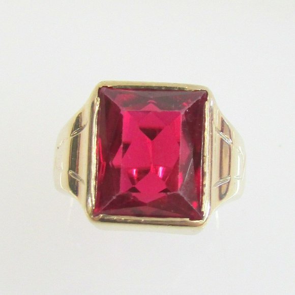 10K YELLOW GOLD EMERALD SYNTHETIC RUBY MENS RIng